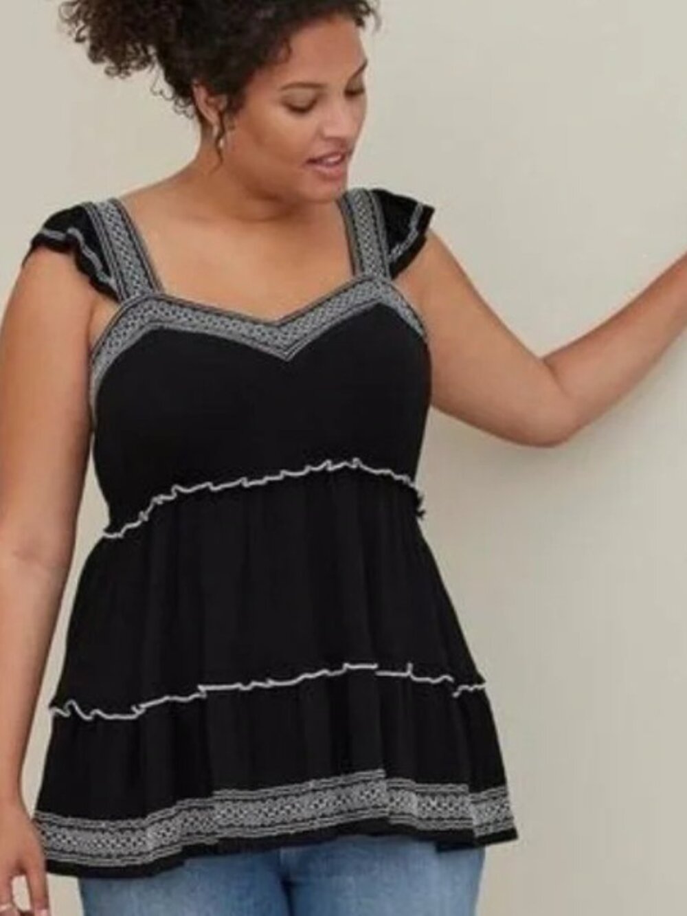 NWT - Torrid Size 3 Babydoll Crinkle Gauze Embroidered Tiered Top